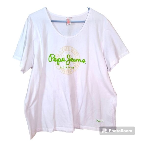 Pepe Jeans Women's Size 3X White Oversized Scoopneck T-Shirt Green Logo Vintage - Picture 1 of 7